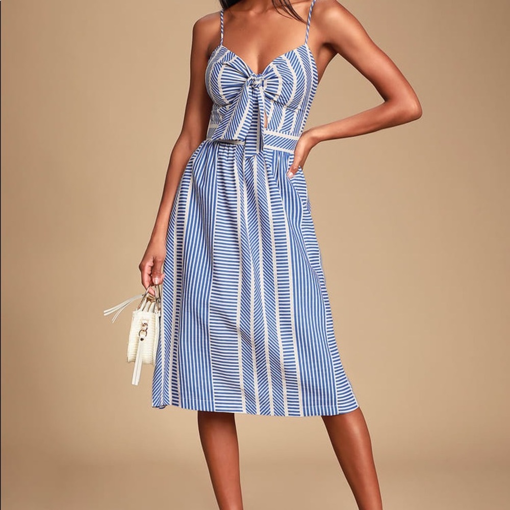 Lush blue and white, midi, stripped dress.  Spaghetti strap with cut out.